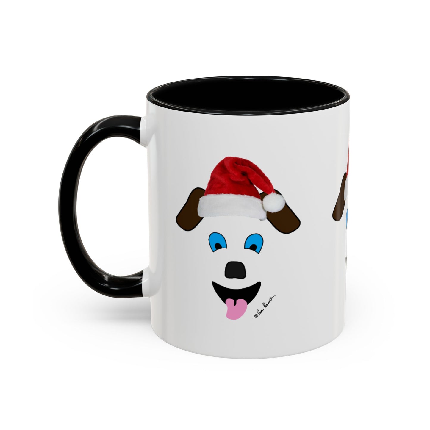This Festive Dog-Face Coffee-Mug by Printify is the ideal gift for dog lovers. It showcases an adorable cartoon dog adorned with a red Santa hat, blue eyes, and a playful pink tongue. Available in two sizes, this ceramic mug features a black handle that adds an elegant touch to this holiday favorite.