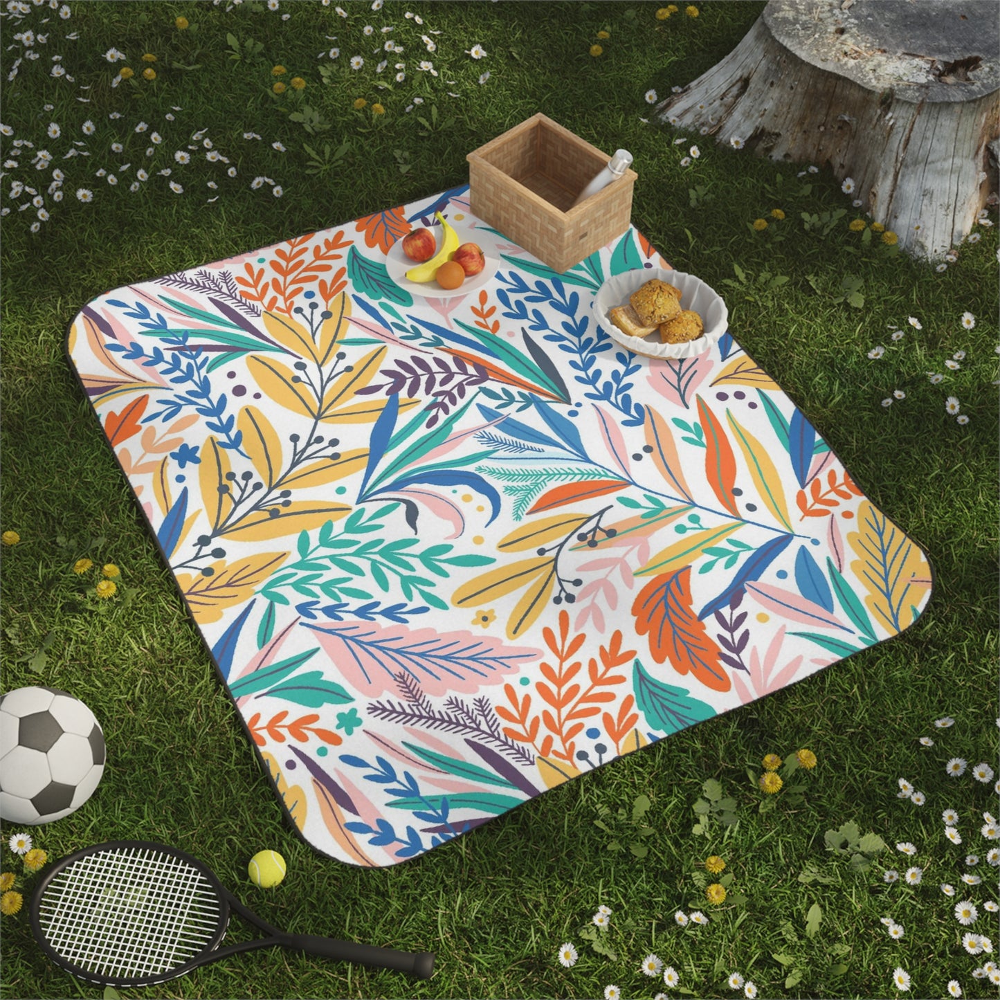 A vibrant, water-resistant Printify Portable Picnic Blanket (Polyester; Fleece; 61" x 51") lies on the grass with a picnic basket, snacks, a soccer ball, and a tennis racket—ideal for any outdoor gathering.