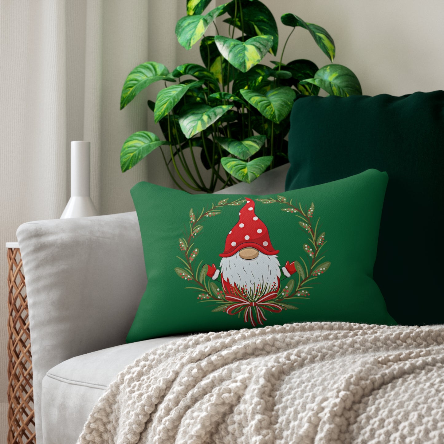 Holiday Gnome Lumbar Pillow: Green; 20" x 14"; Polyester