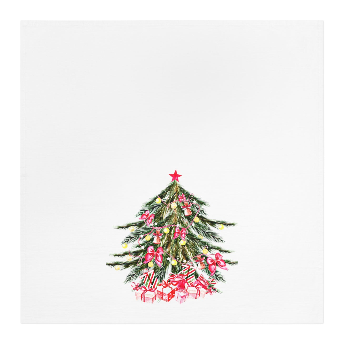 This decorated Christmas tree illustration, featuring a red star on top, pink bows, and ornaments, brings a festive vibe to any space. The tree is surrounded by red and white wrapped gifts on a plain white background, making it an ideal inspiration for your holiday décor or as the perfect pattern for Printify's 28" x 28" cotton Christmas-Tree Kitchen Towel.