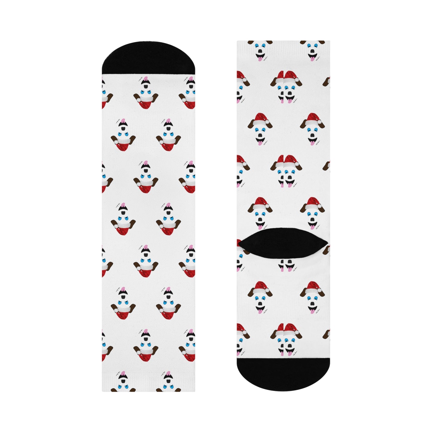 These Printify Festive Santa-Dog Crew Socks showcase a playful design of cartoon panda faces donning red hats against a white backdrop, complemented by black heels and toes. Ideal for holiday festivities, these unisex socks bring joyful charm to any pet lover's wardrobe.