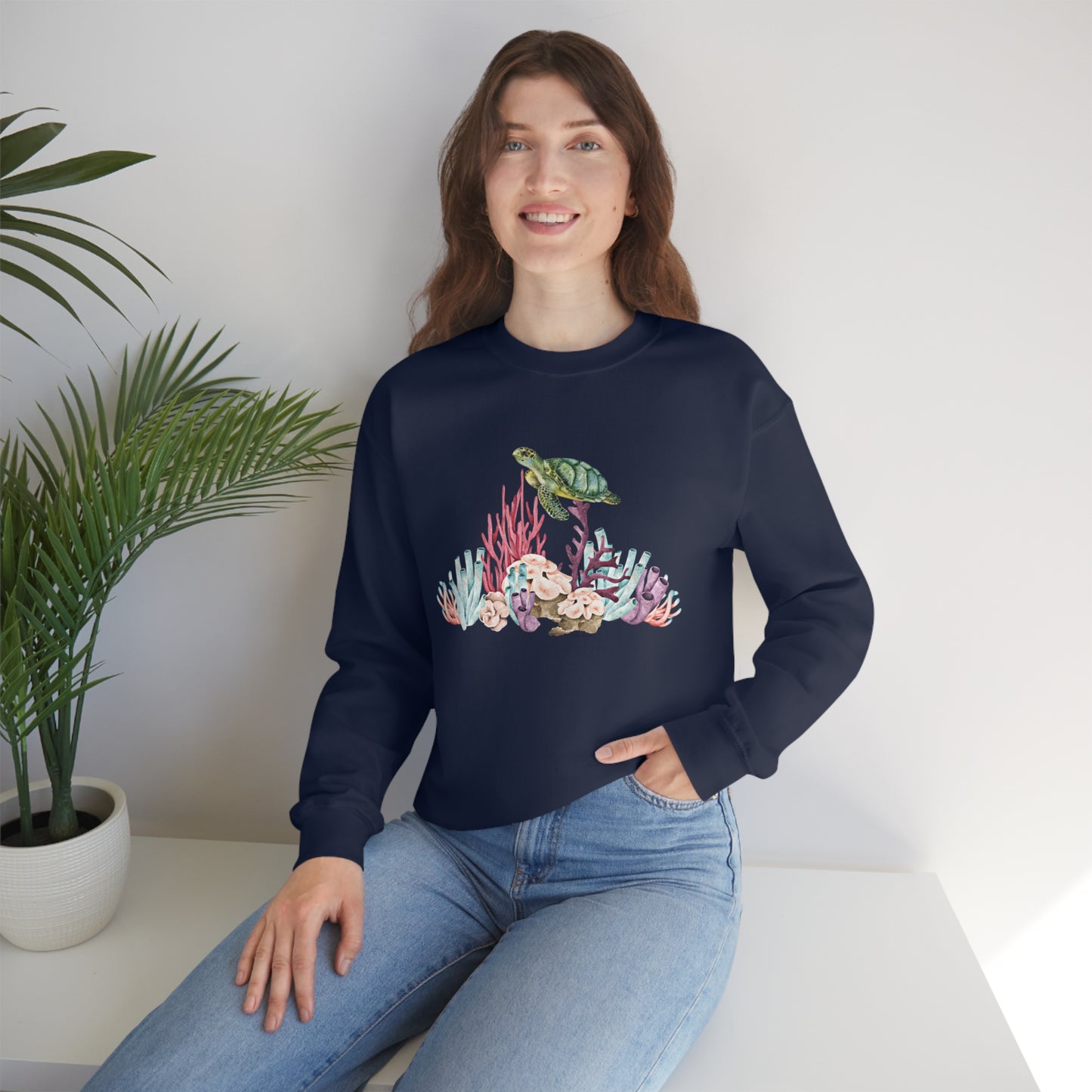 Mock up of the woman wearing the Navy blue shirt