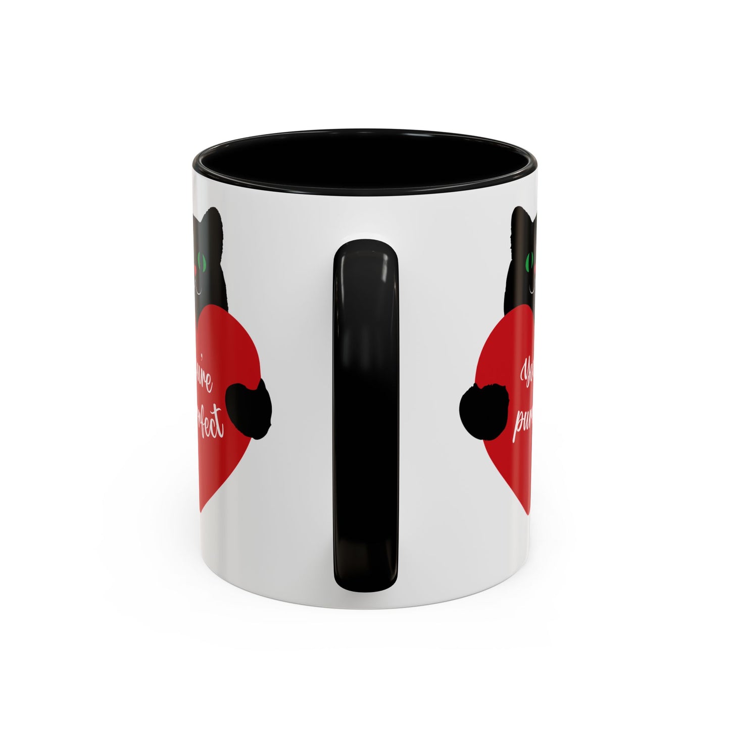 Introducing Printify's Purrfect Love Cat-Mug: a ceramic mug with a striking design of a black cat holding a red heart and "You're Purrfect." Available in two colors, it's the ideal gift for cat lovers seeking joy in their morning coffee.