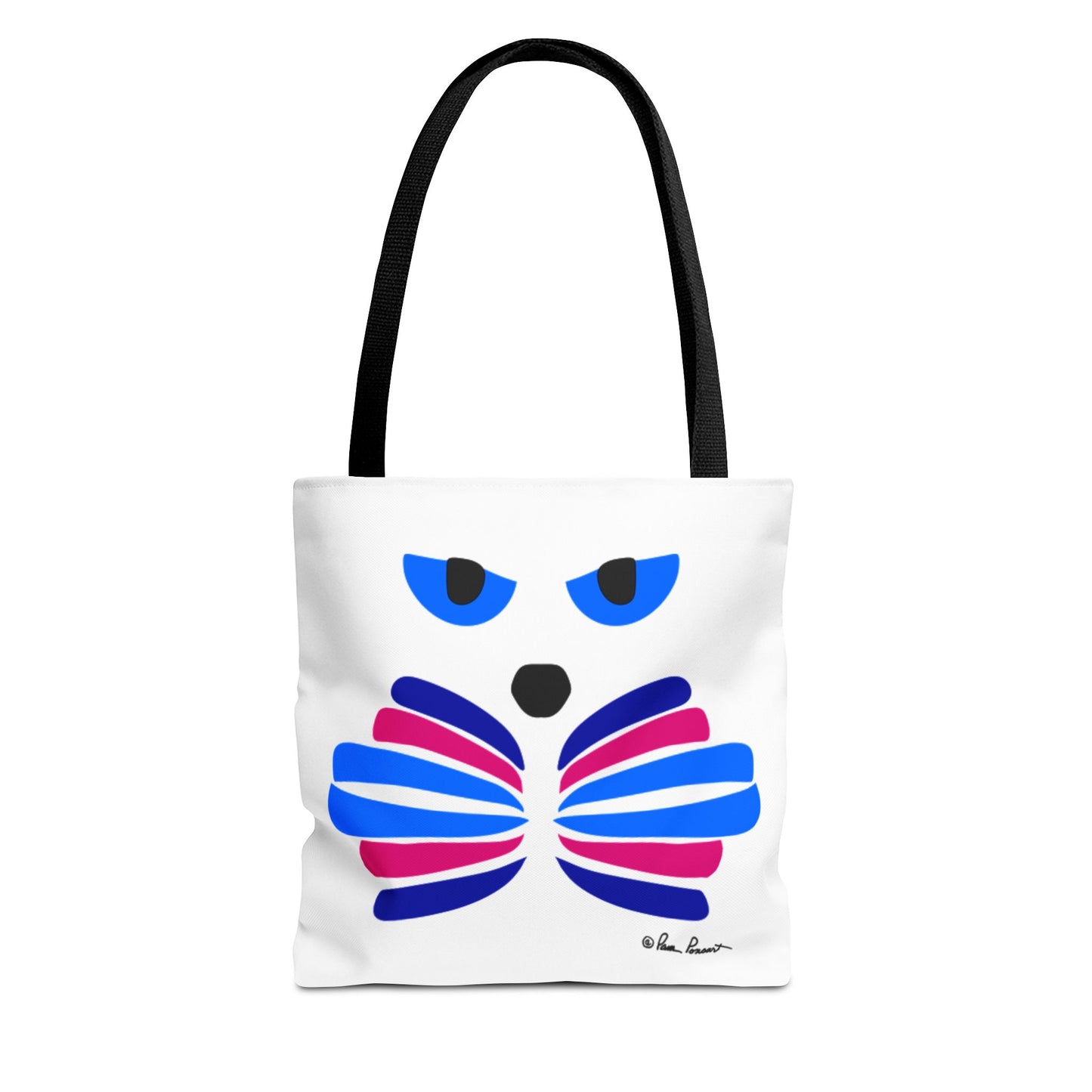 Printify's Cat-Face Tote Bag, available in 3 sizes and made from durable polyester, boasts a two-sided print with black handles, stylized face design featuring blue eyes, and a butterfly-like motif in pink and blue—ideal for cat lovers wanting style and functionality.