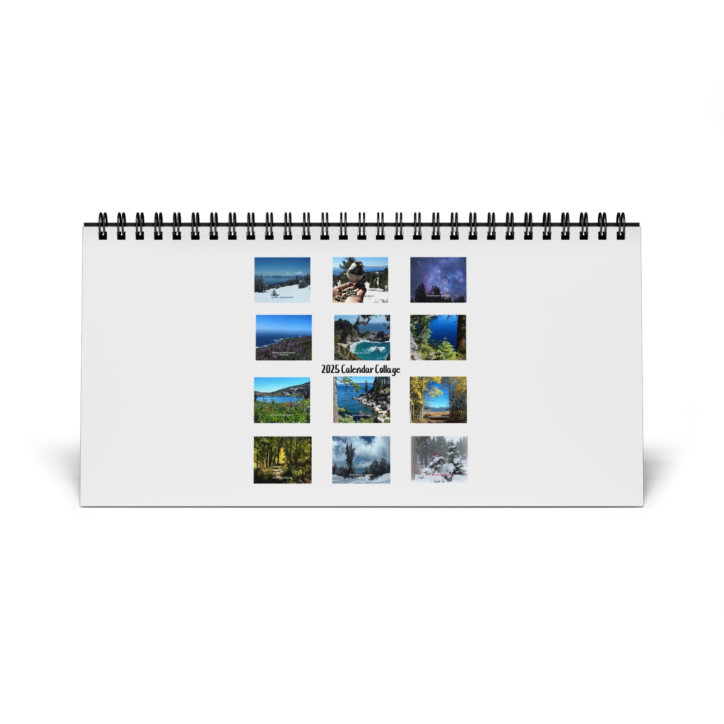 The "2025 Inspirational Desktop Calendar" by Printify is a spiral-bound desk calendar with scenic Pam Ponsart photography of the Sierra Nevada Mountains on the cover, labeled as "2025 Calendar Catalog".