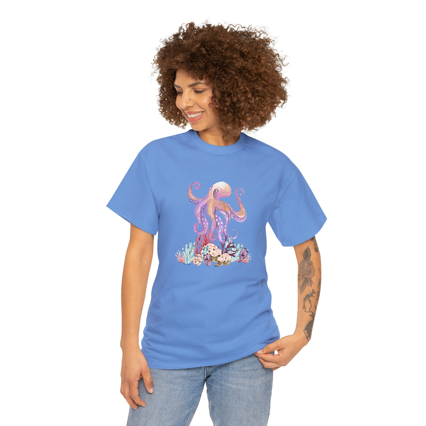 Mock up of a slim woman wearing the Carolina Blue shirt