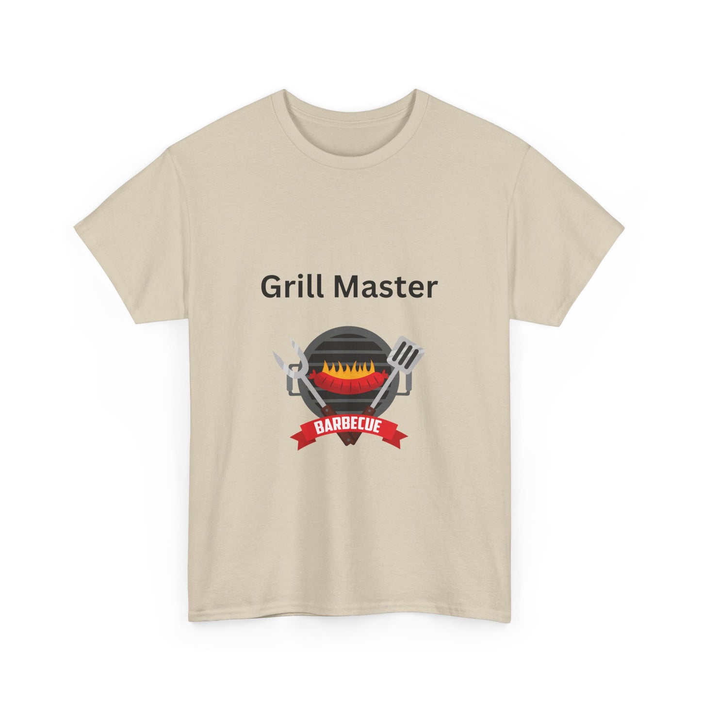 Beige Unisex Grill-Master T-shirt: 2 colors; Cotton; Gildan by Printify with "Grill Master" text above an image of a grill, crossed fork and spatula, and a red "BARBECUE" ribbon. Unisex and proudly Made in America.