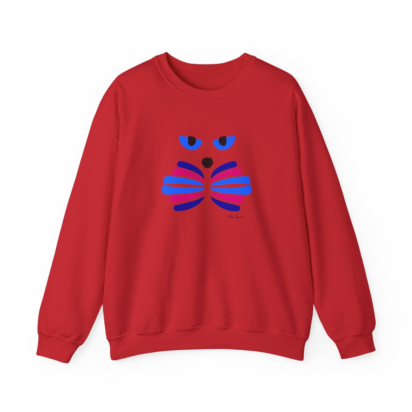 A red, unisex Printify sweatshirt from the Gildan collection featuring a Cat-Art design on the front. The graphic contains blue and purple abstract shapes that resemble a face with eyes, radiating serious Catitude. Made in America from a cotton blend.