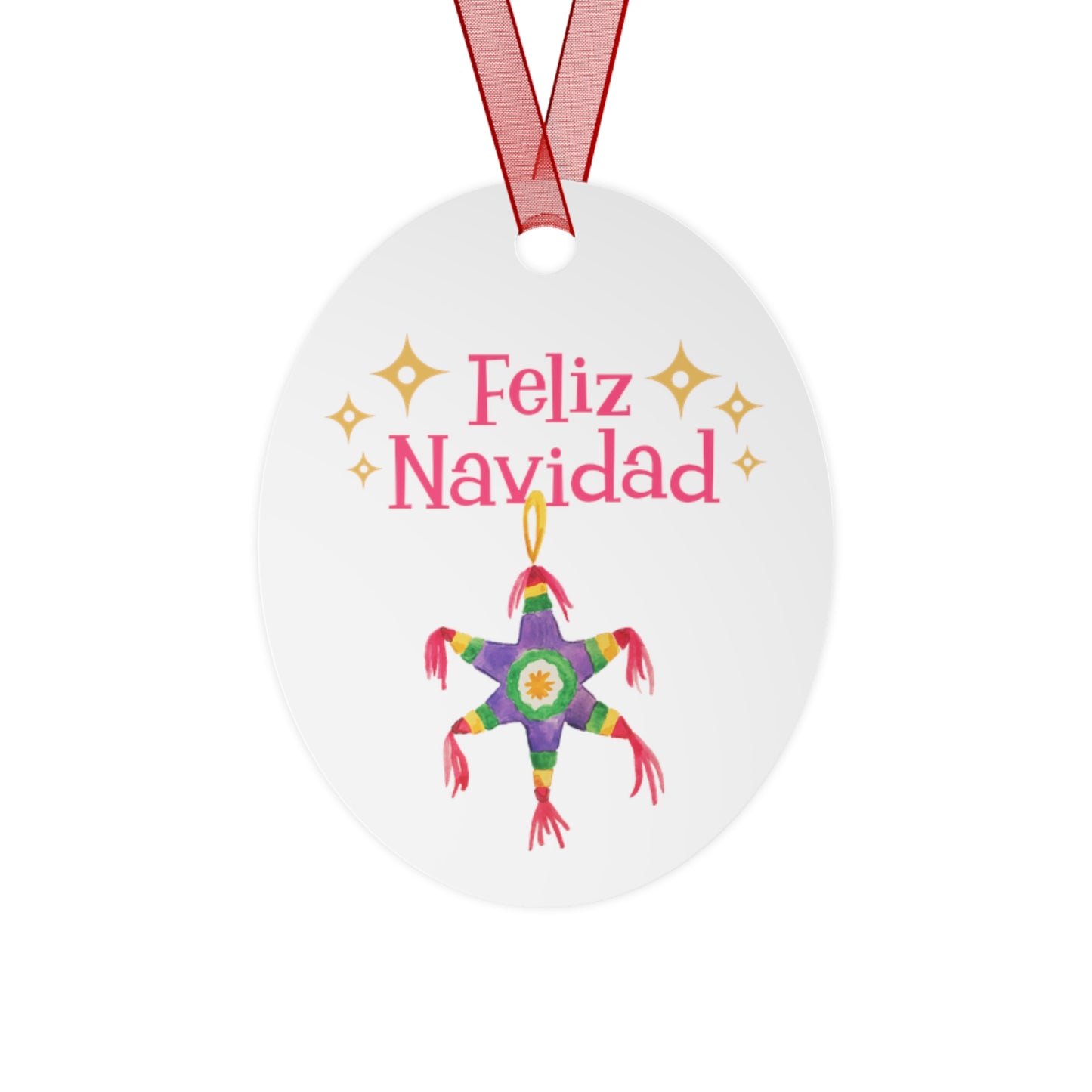 The Feliz Navidad Metal Ornament by Printify, featuring an oval shape and festive decor, exudes holiday charm with its colorful star-shaped piñata and "Feliz Navidad" text amidst small star decorations, making it perfect for enhancing any setting.
