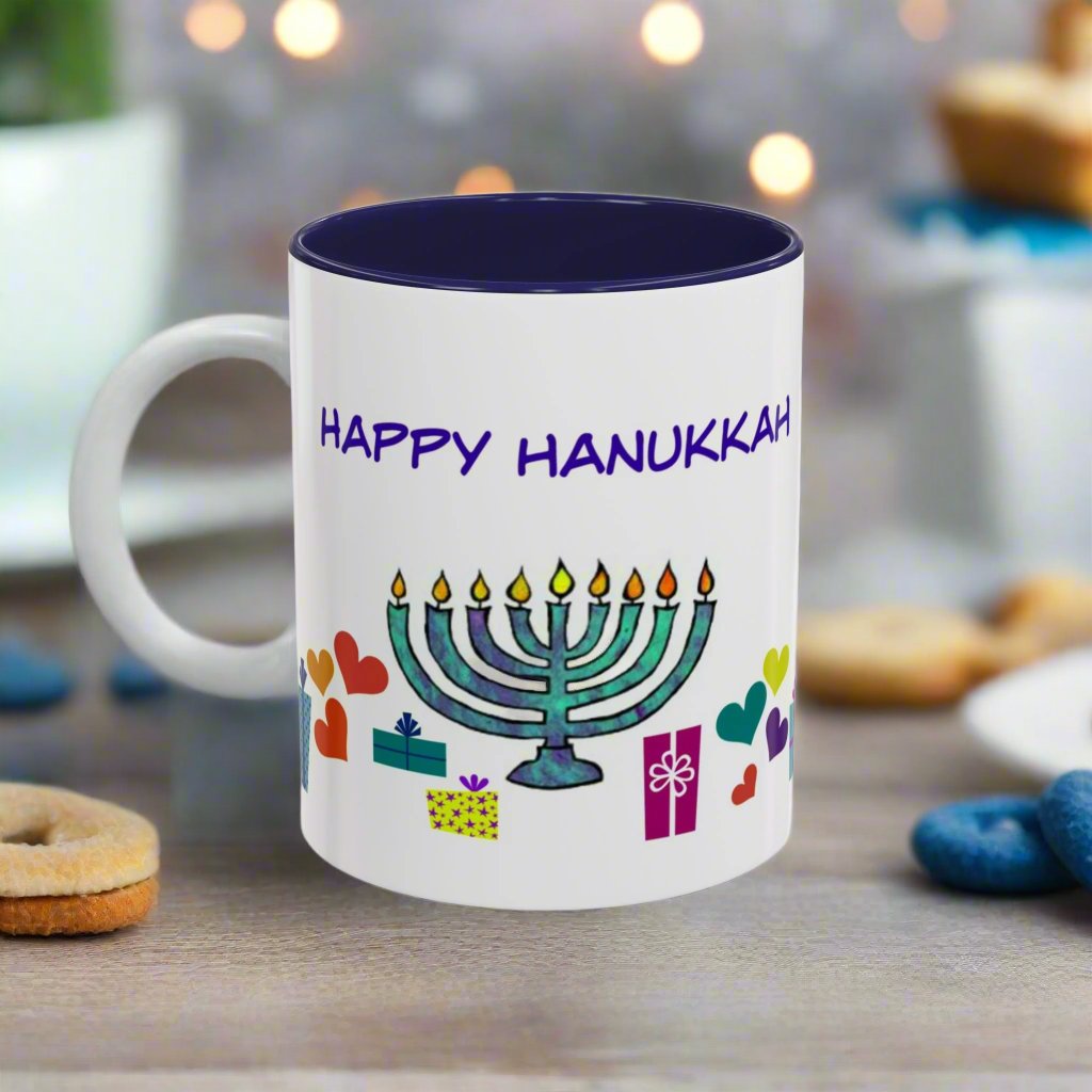 Happy Hanukkah Coffee Mug | Menorah Design | 11 & 15 oz