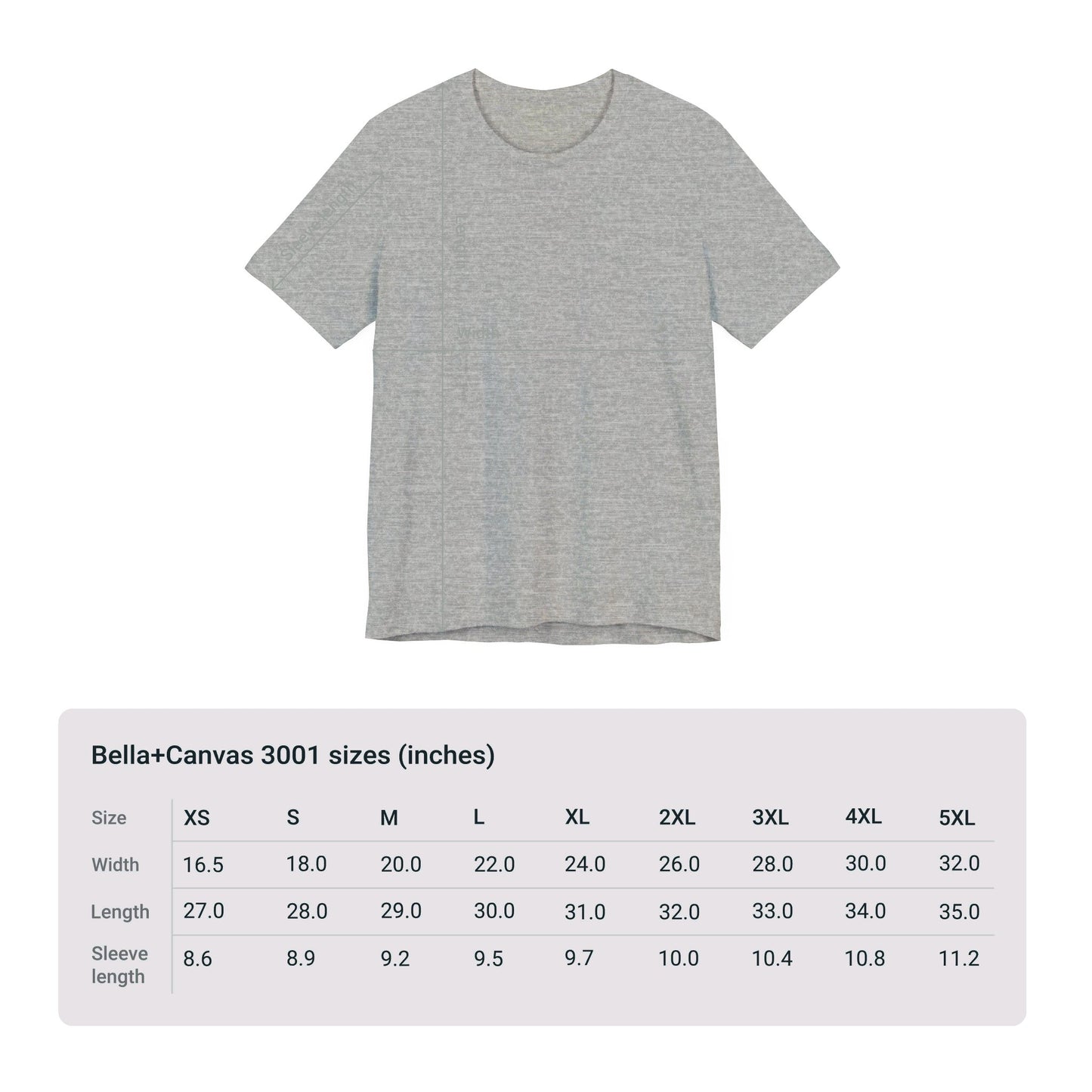 A gray Printify Bella+Canvas Unisex US-Election-Season T-shirt in various sizes. The size chart below lists XS to 5XL dimensions for width, length, and sleeve length in inches. Enjoy free shipping!