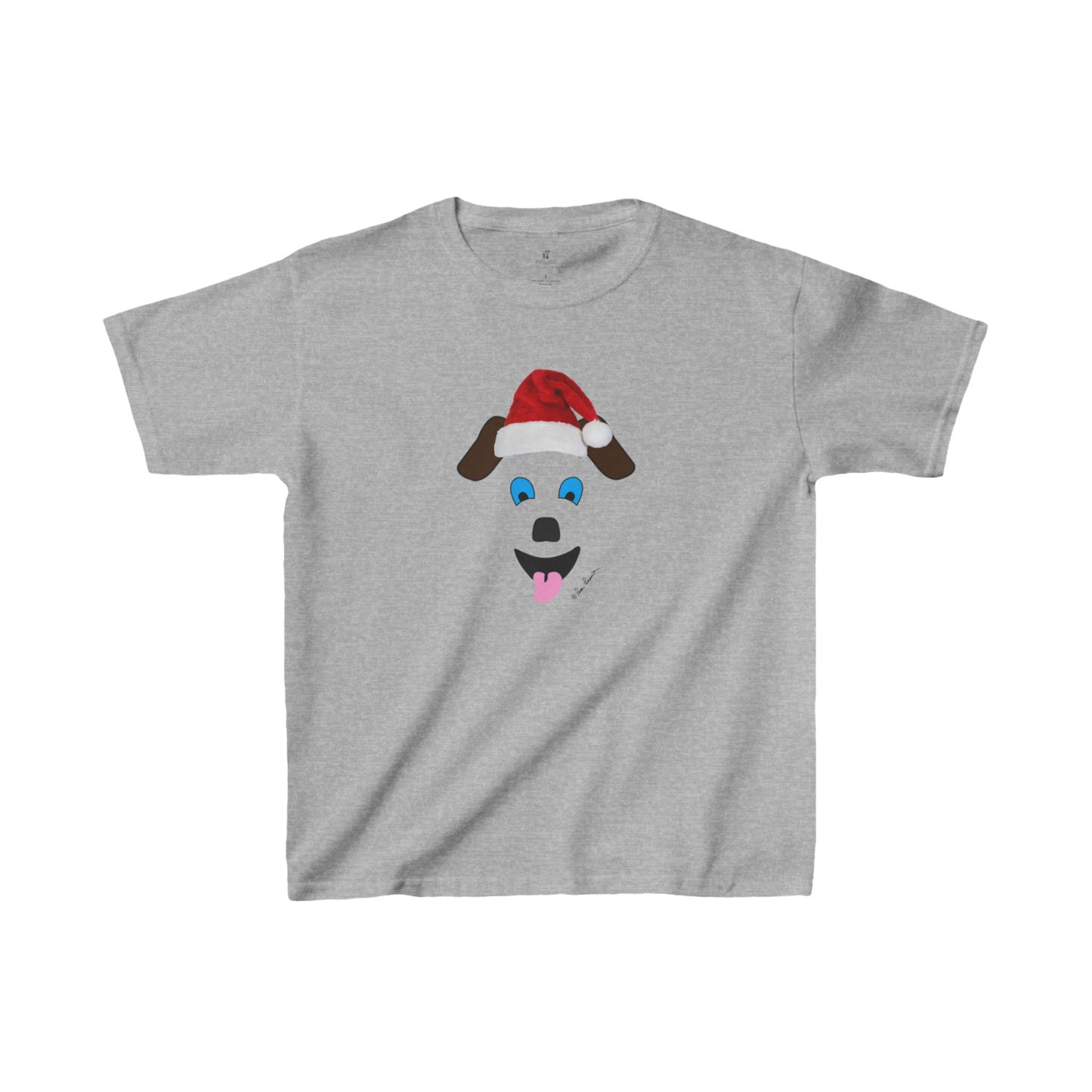 The Printify Festive Santa-Dog Kids T-shirt, crafted from Gildan's Heavy Cotton™, showcases a whimsical design of a cartoon dog wearing a Santa hat, complete with blue eyes and a sticking-out tongue—ideal for spreading holiday cheer among kids.
