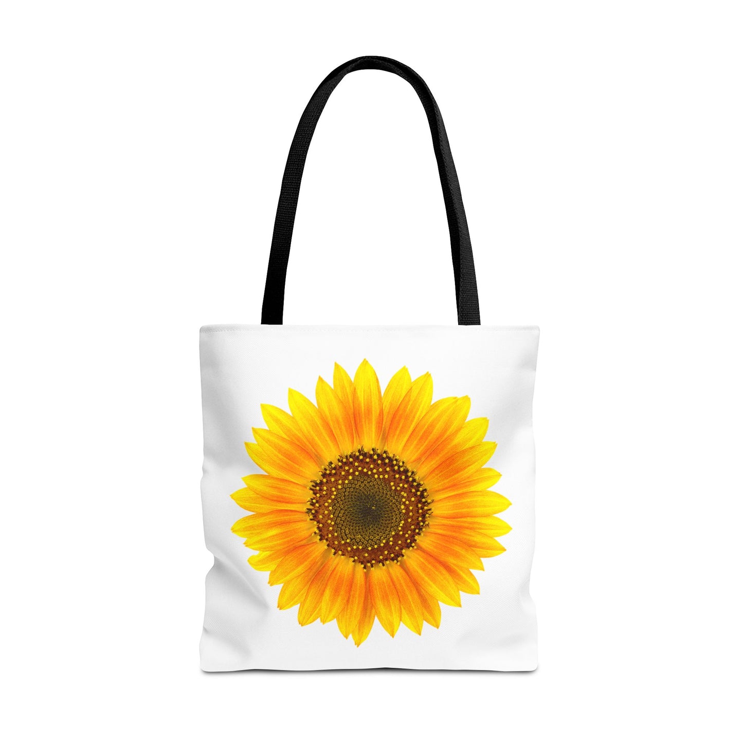 From Printify's Sunflower Tote Bags collection, this polyester tote features a bold sunflower graphic and sleek black handles, capturing a vibrant and sunny vibe. Available in 3 sizes with a 2-sided print.
