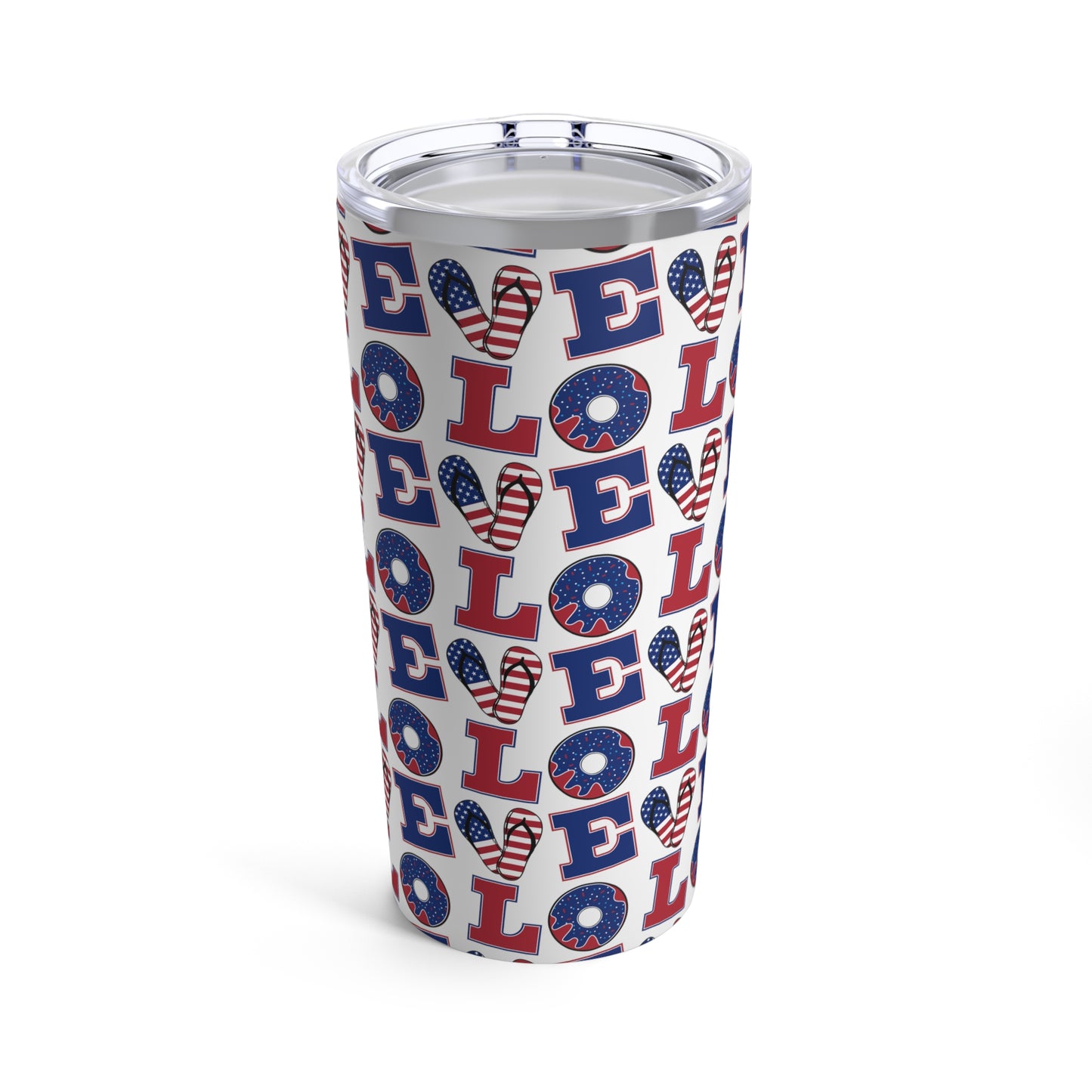 The Printify Love USA Tumbler: 20 oz.; Stainless steel; Insulated is a stainless steel tumbler with a 4th of July-themed design featuring the word "LOVE" in red, white, and blue colors, adorned with American flag patterns. Its vacuum insulated technology keeps your drinks at the perfect temperature.