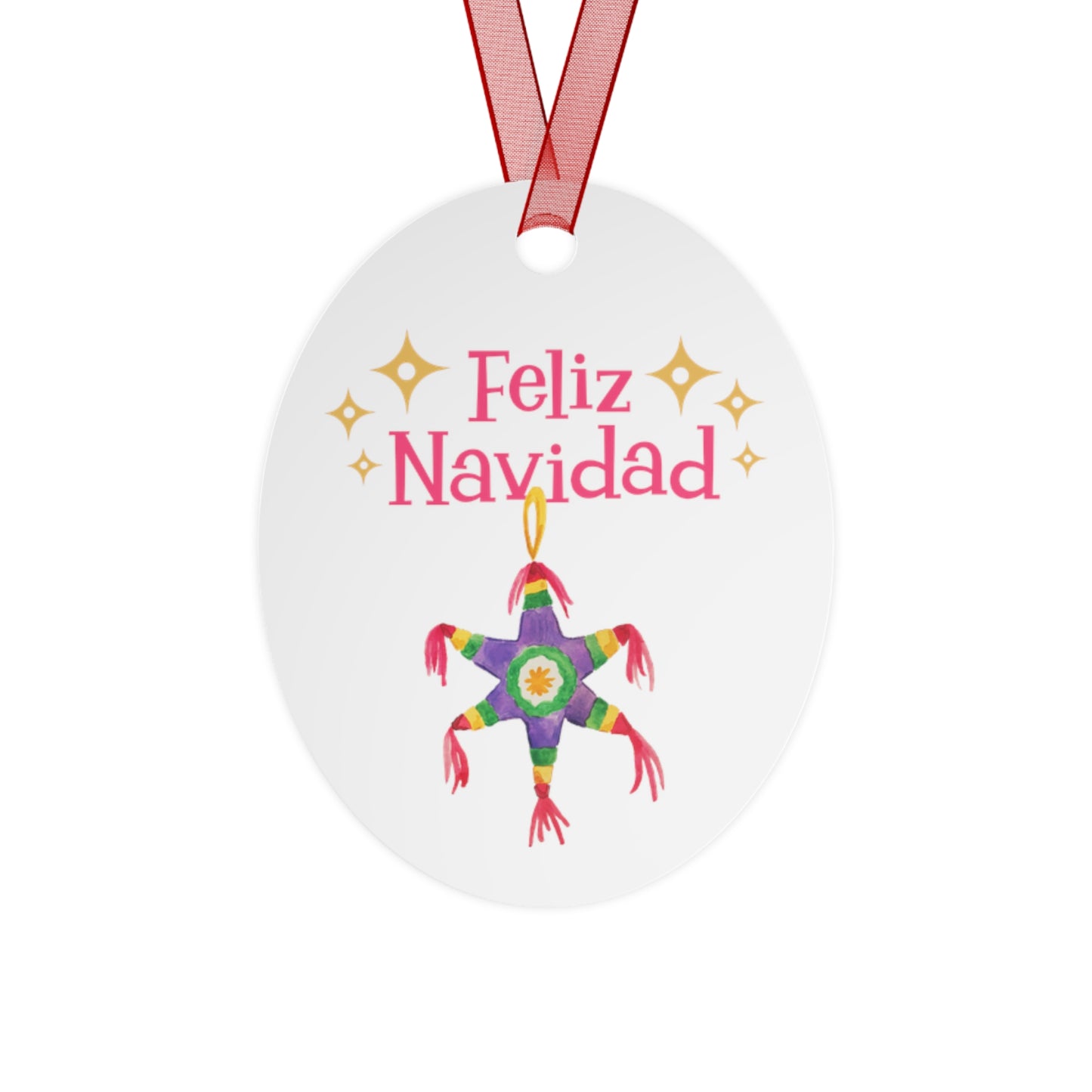 The Printify Feliz Navidad Metal Ornament, featuring an oval shape, radiates festive charm with its gold stars and colorful piñata illustration. Adorned with "Feliz Navidad" text, it makes for ideal holiday decor and comes complete with a red ribbon attached at the top for convenient hanging.