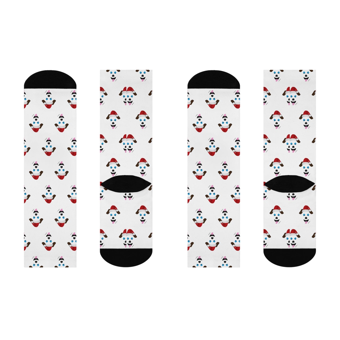 These Festive Santa-Dog Crew-Socks by Printify are ideal for holiday celebrations, featuring a charming design of dogs wearing red Santa hats. With four white socks accented by black toes and heels, they're a perfect choice for pet lovers wanting to add a whimsical flair to their festive wardrobe.