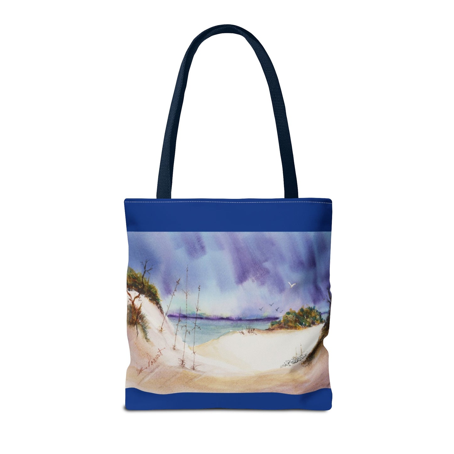 Introducing Printify's Seaside Tote Bag, available in 3 sizes, with a vivid seaside landscape capturing sand dunes, ocean, and sky on a 2-sided polyester print. Perfect for summer adventures and beach outings.