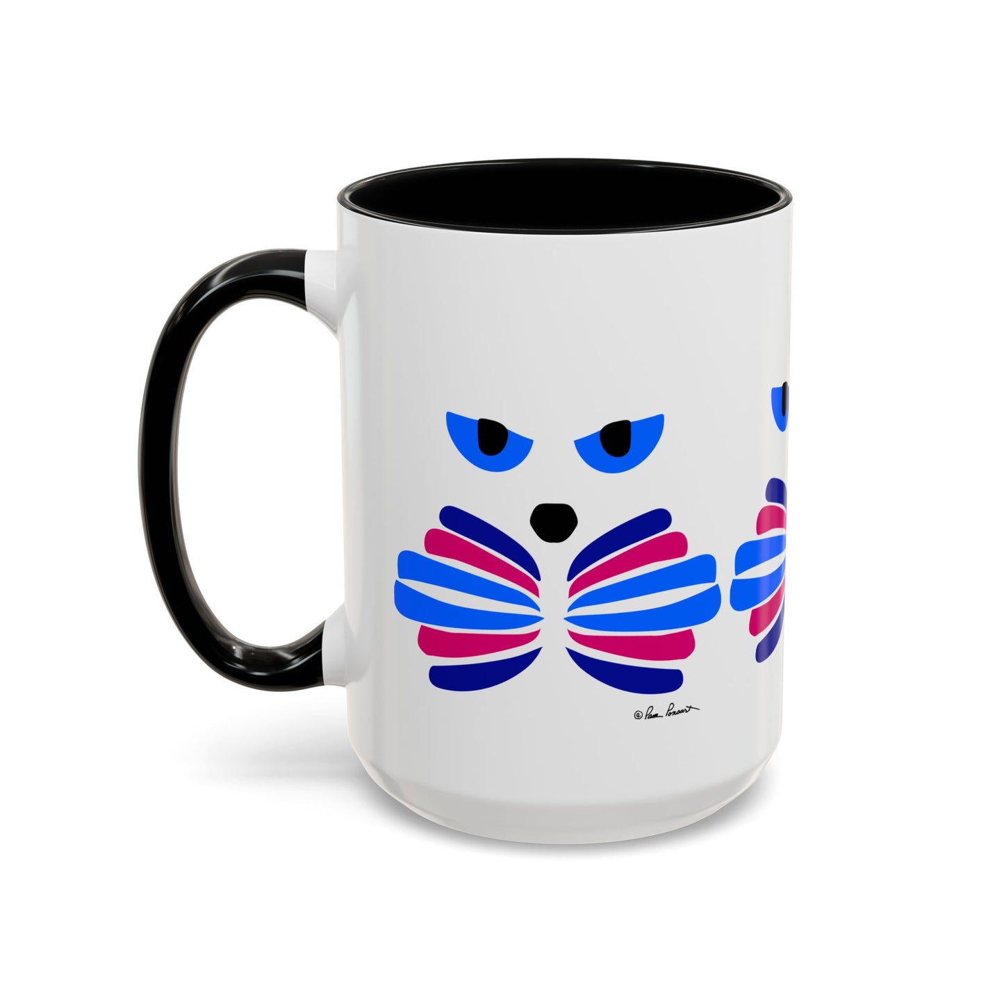 Introducing the Cat-Face Coffee Mug from Printify—an ideal gift for cat lovers. Available in two sizes, this ceramic mug features a distinctive black handle and showcases colorful abstract cat faces that perfectly capture the spirit of Catitude.