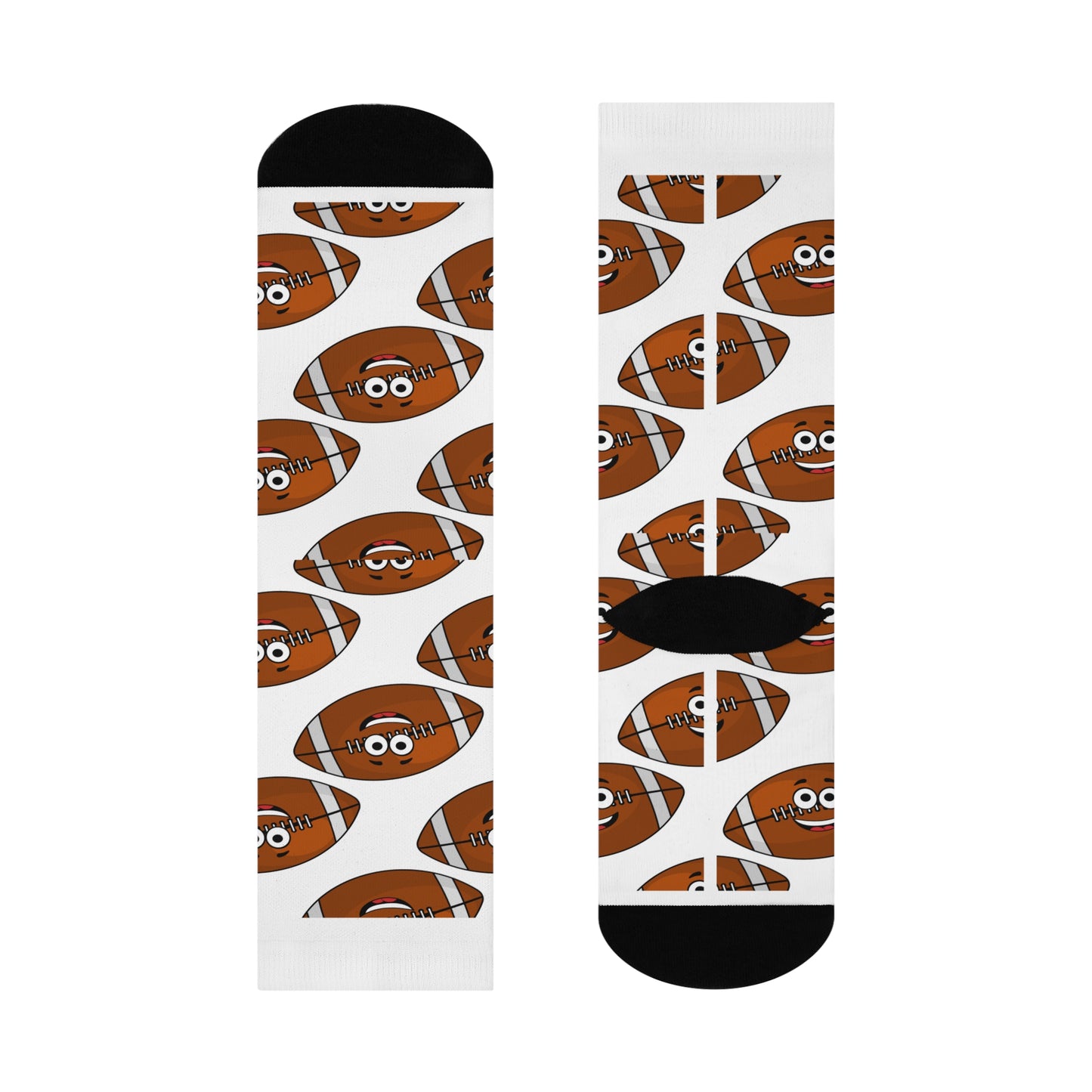 The Printify Funny-Football Cushioned Crew-Socks are a playful game day accessory, featuring white fabric with a quirky cartoon football wearing glasses design. With vibrant colors for added flair, these unisex socks make the perfect gift for any football enthusiast.