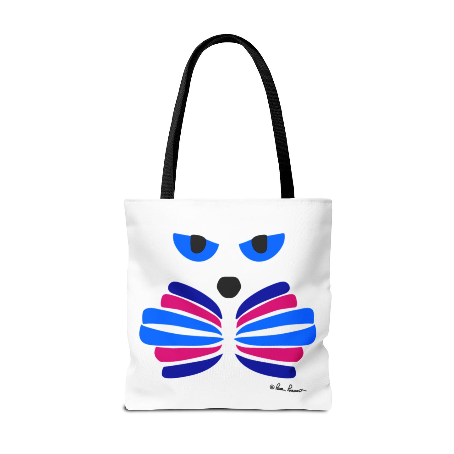 Explore Printify's Cat-Face Tote Bag, crafted from durable polyester with a stylized abstract face featuring blue eyes and a vibrant multicolored pattern. This artistic and functional accessory is perfect for cat lovers. Available in three sizes with two-sided print.