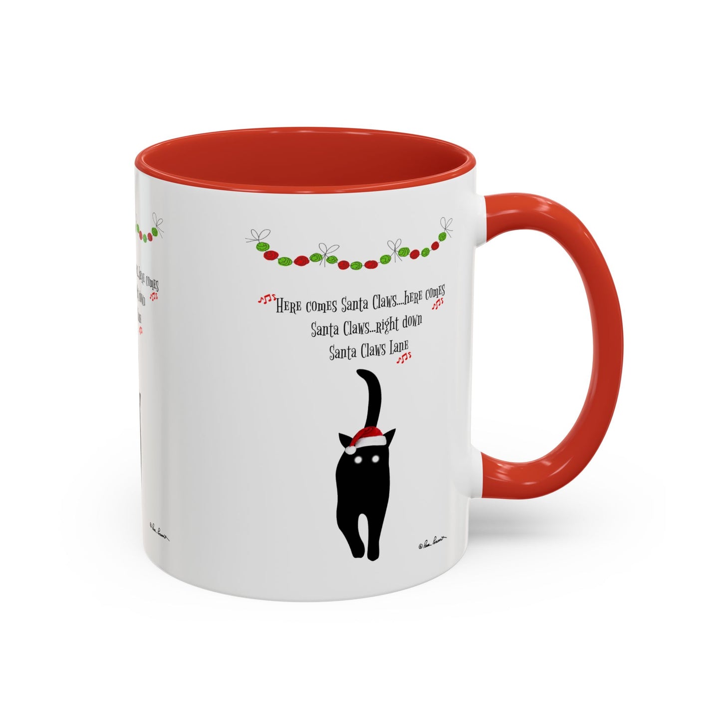 The Printify Festive-Cat Accent Coffee Mug is a perfect holiday gift for cat-lovers, featuring a black cat in a Santa hat, festive garland, red accents, and the text: "Here comes Santa Claus, right down Santa Claus Lane.