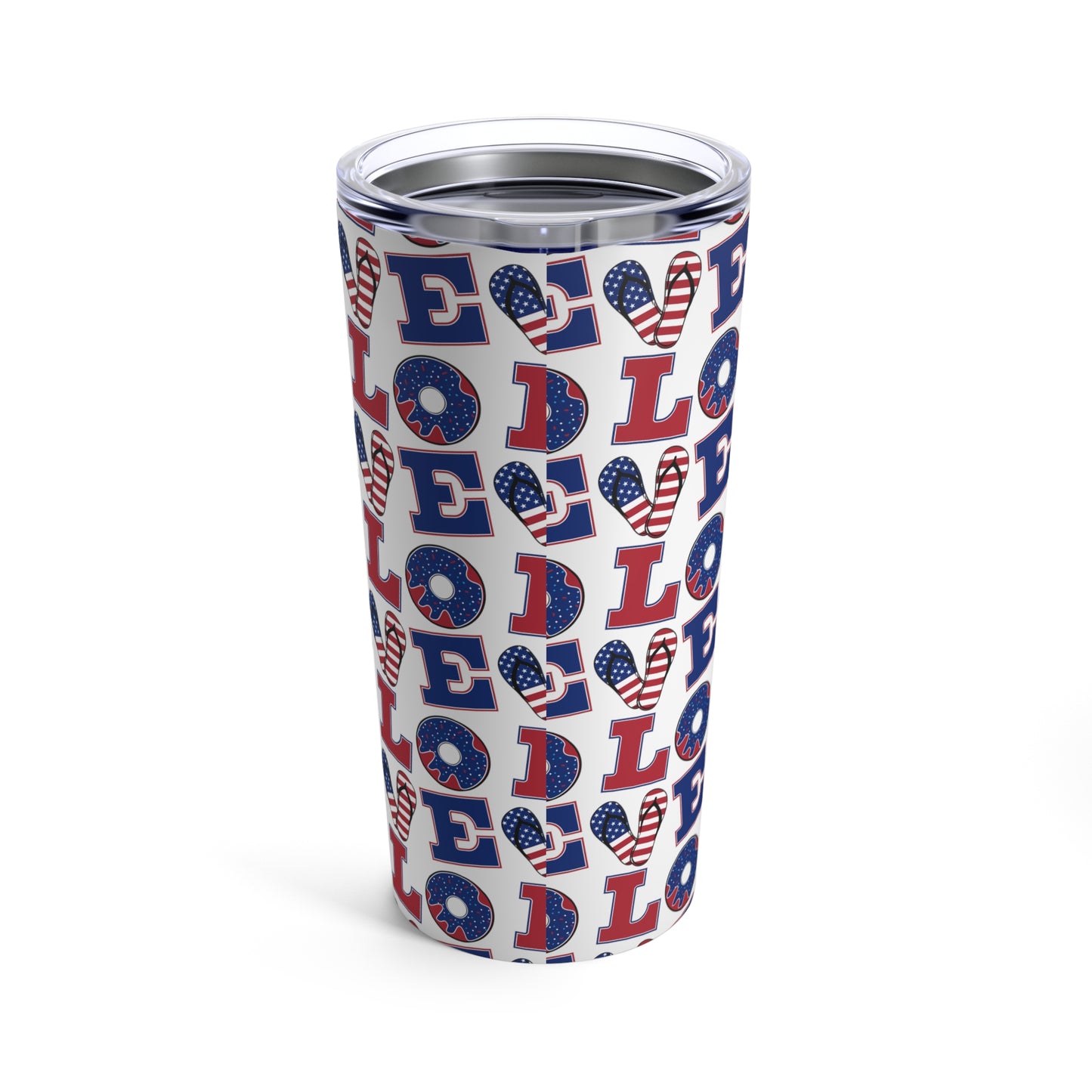 The Printify Love USA Tumbler: 20 oz.; Stainless steel; Insulated is a vacuum insulated, stainless steel travel tumbler adorned with the word "LOVE" repeated in red, white, and blue patriotic patterns.