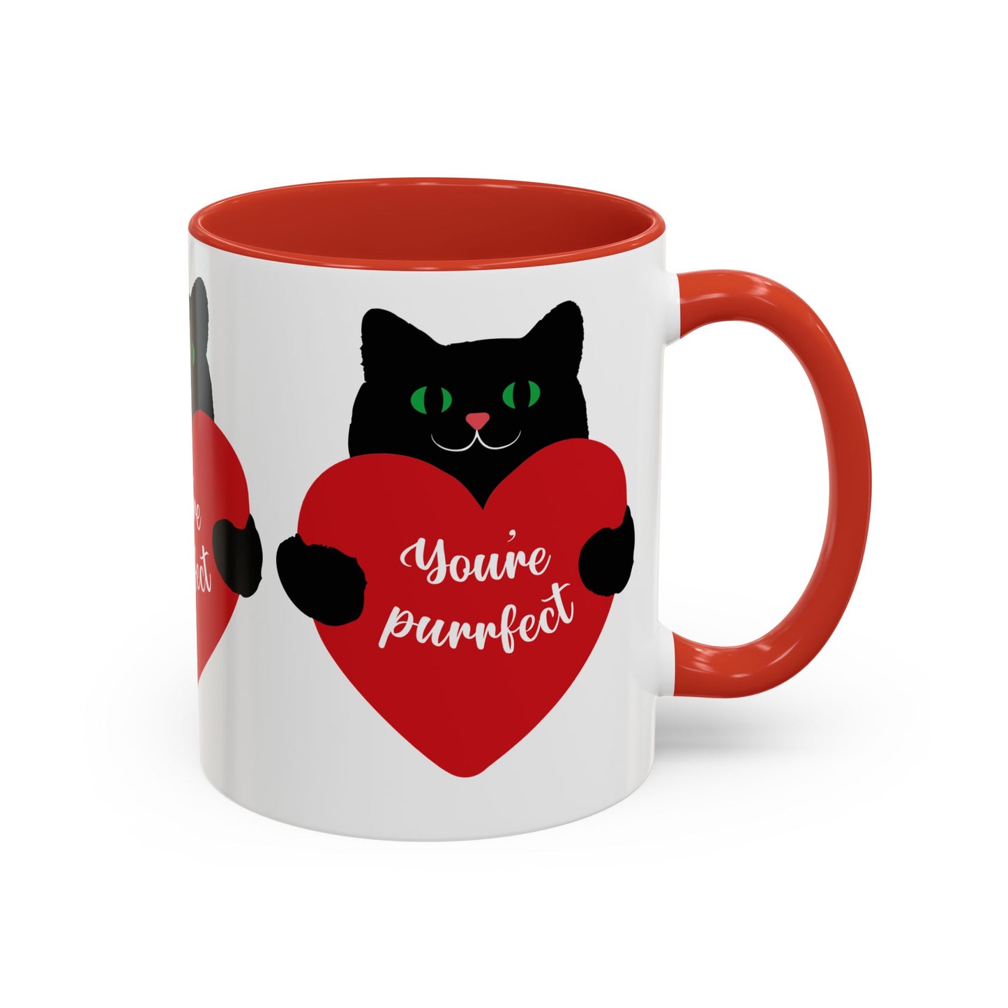 Enjoy the charming Printify Purrfect Love Cat-Mug in red and white, showcasing a black cat with a heart and "You're purrfect" text. A perfect gift for cat lovers, available in 2 colors and 2 sizes, adding whimsy to each sip.