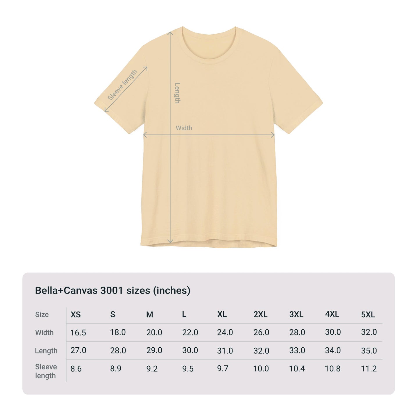 A beige Voting Women's T-shirt, branded by Printify and identified as the Bella+Canvas 3001 Unisex Cotton Jersey, is displayed with measurements for sleeve length, width, and length. Made from 100% Airlume combed and ringspun cotton, the size chart below outlines dimensions in inches for sizes XS to 5XL.