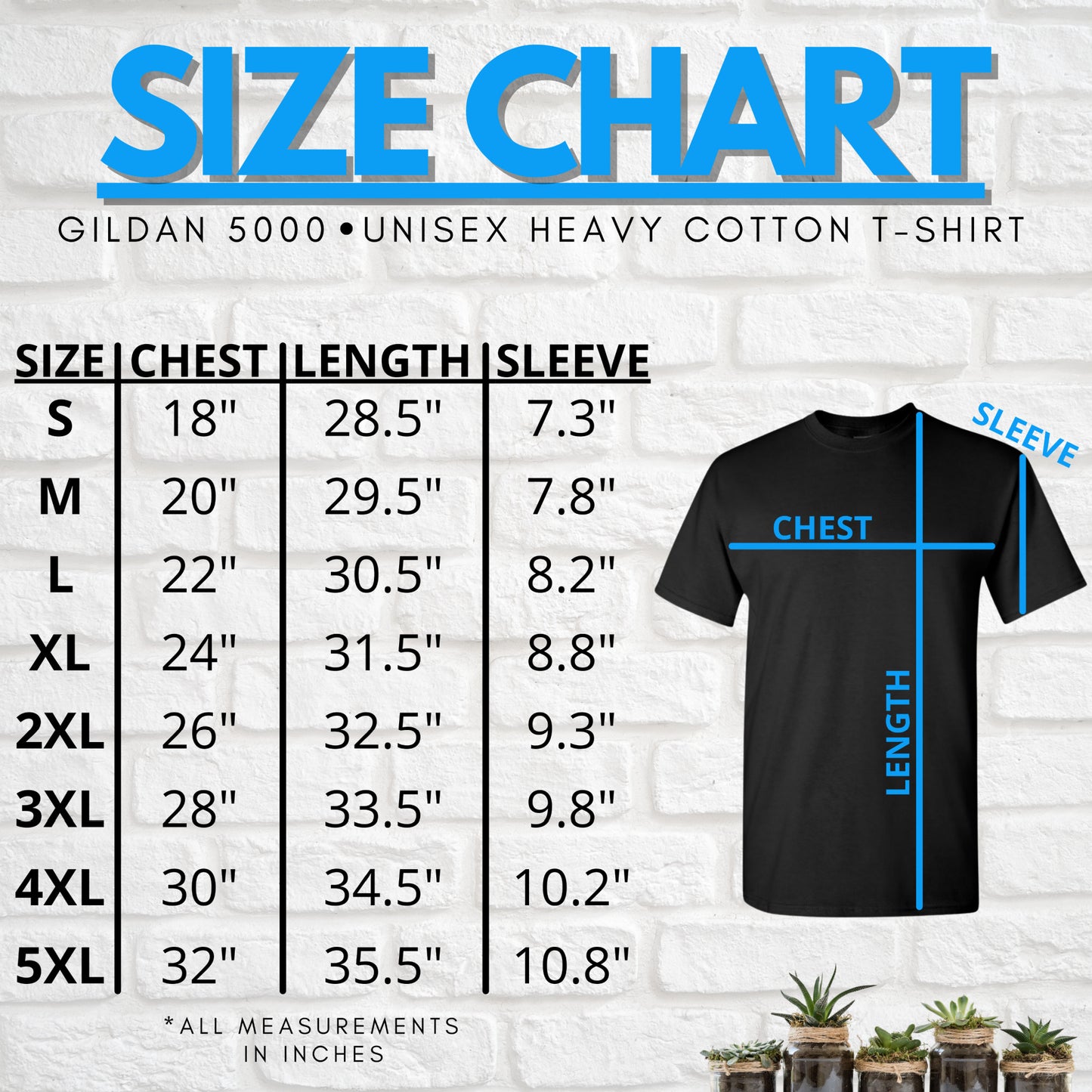 Size chart for the Good Trouble Unisex T-shirt by Printify (Gildan), showing chest, length, and sleeve sizes (S–5XL) in inches with a diagram on the black shirt; available in 3 colors and made of cotton.