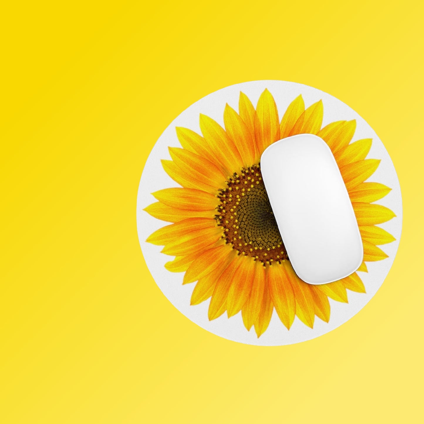 Photo of a mouse over our round Sunflower Mouse Pad