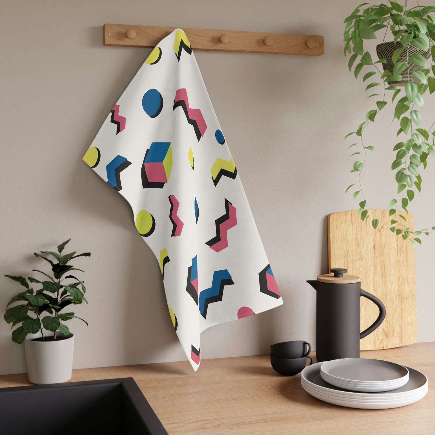 Mock up of the towel hanging from a wooden dowel