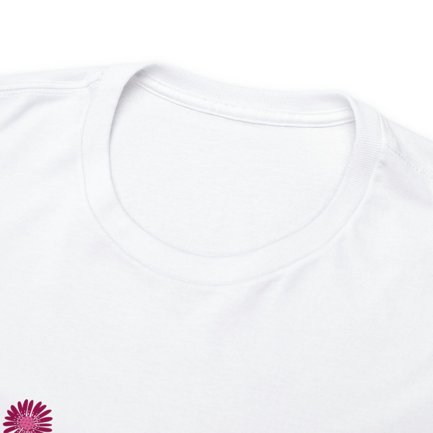 Close up of the front of the crewneck of the white t-shirt