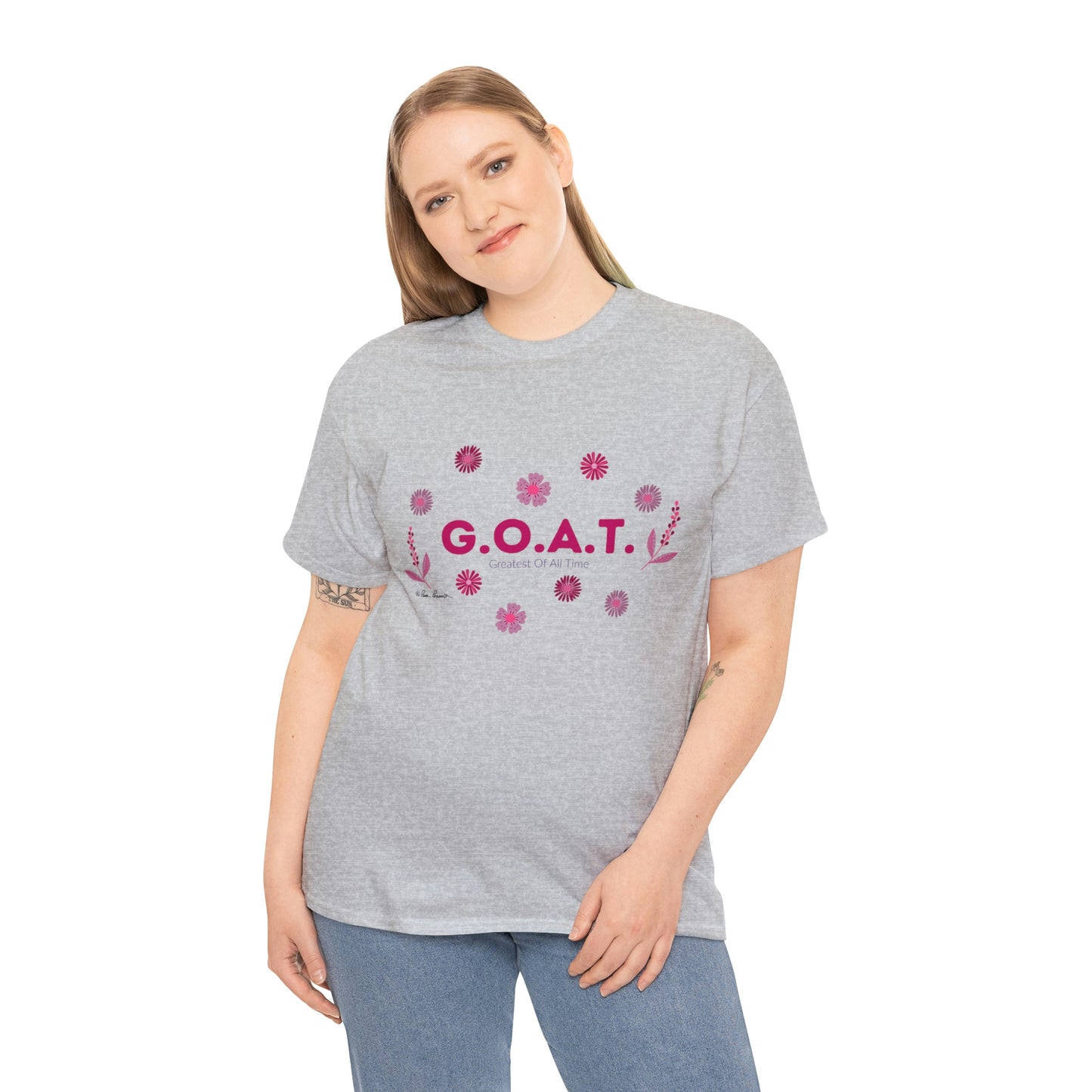 Mock up of a blonde-haired woman wearing the grey t-shirt