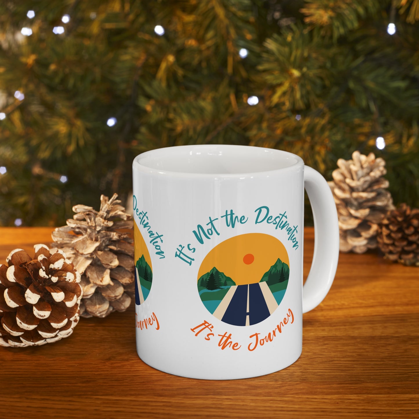 Mock up of mug with holiday tree in background