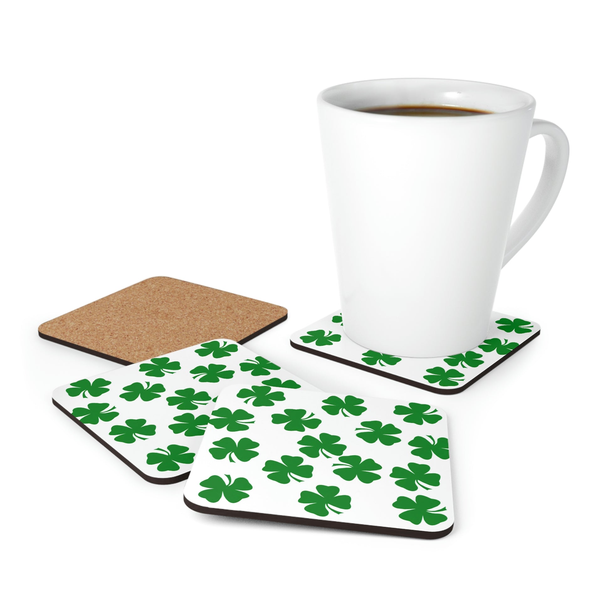Mock up of a latte mug with the 4 coasters