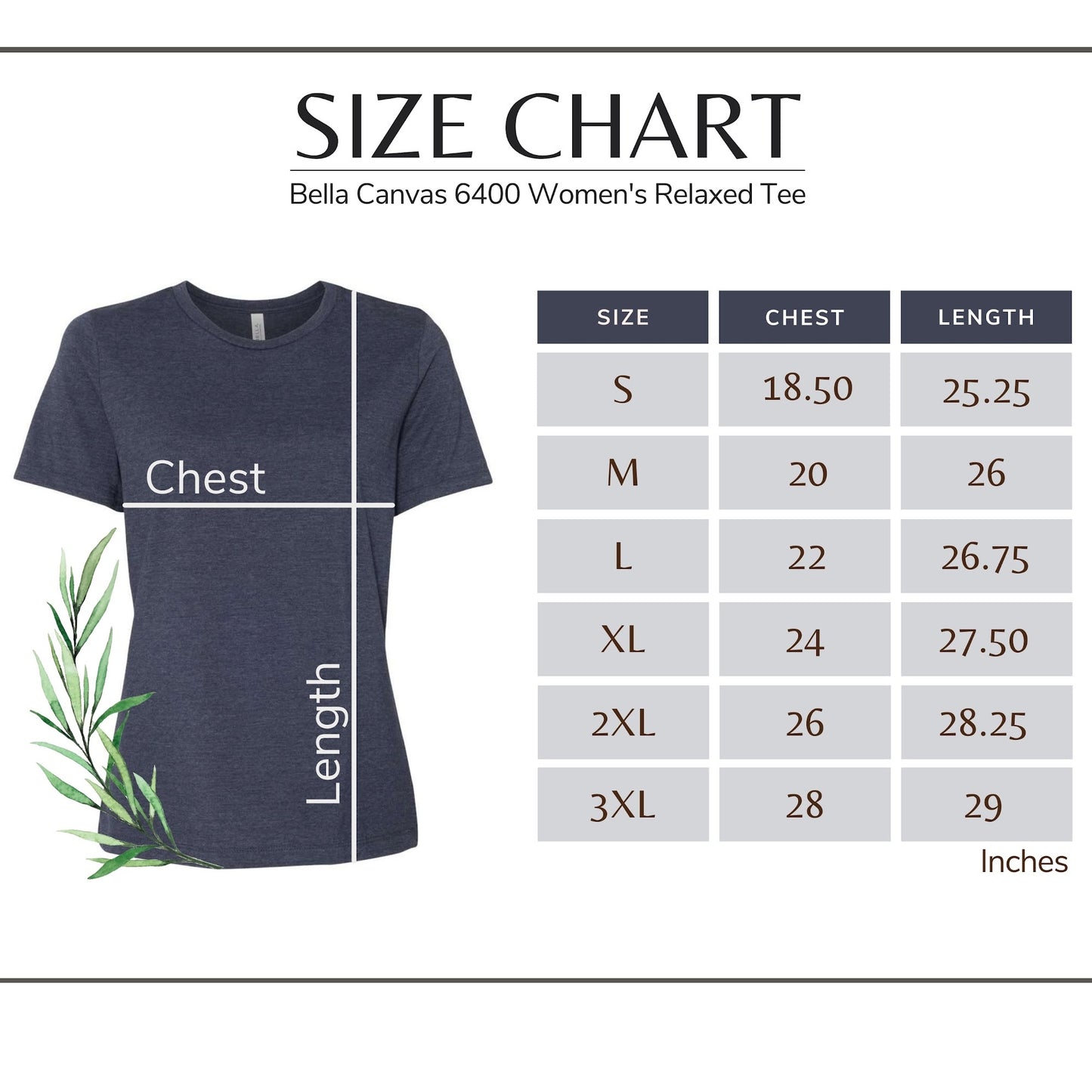 Size chart for our White Watercolor-Flowers T-shirt