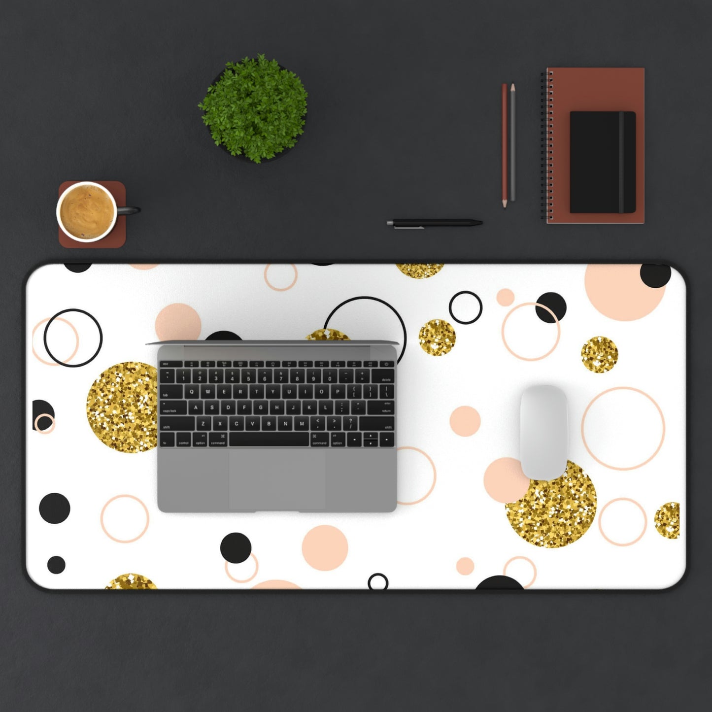 Mock up of the 15.5" x 31" desk mat with laptop and mouse