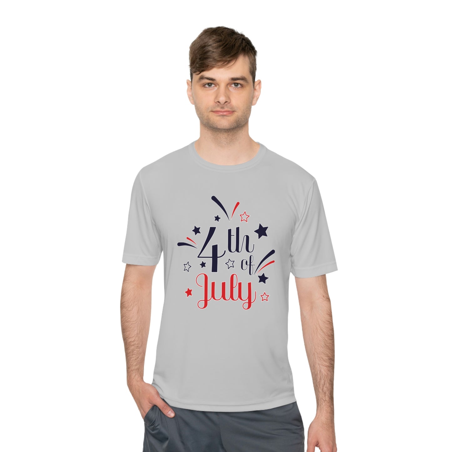Mock up of a slender man wearing the Silver t-shirt