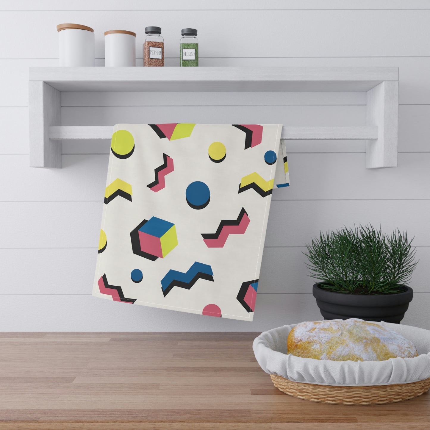 Mock up of the towel hanging from a display shelf