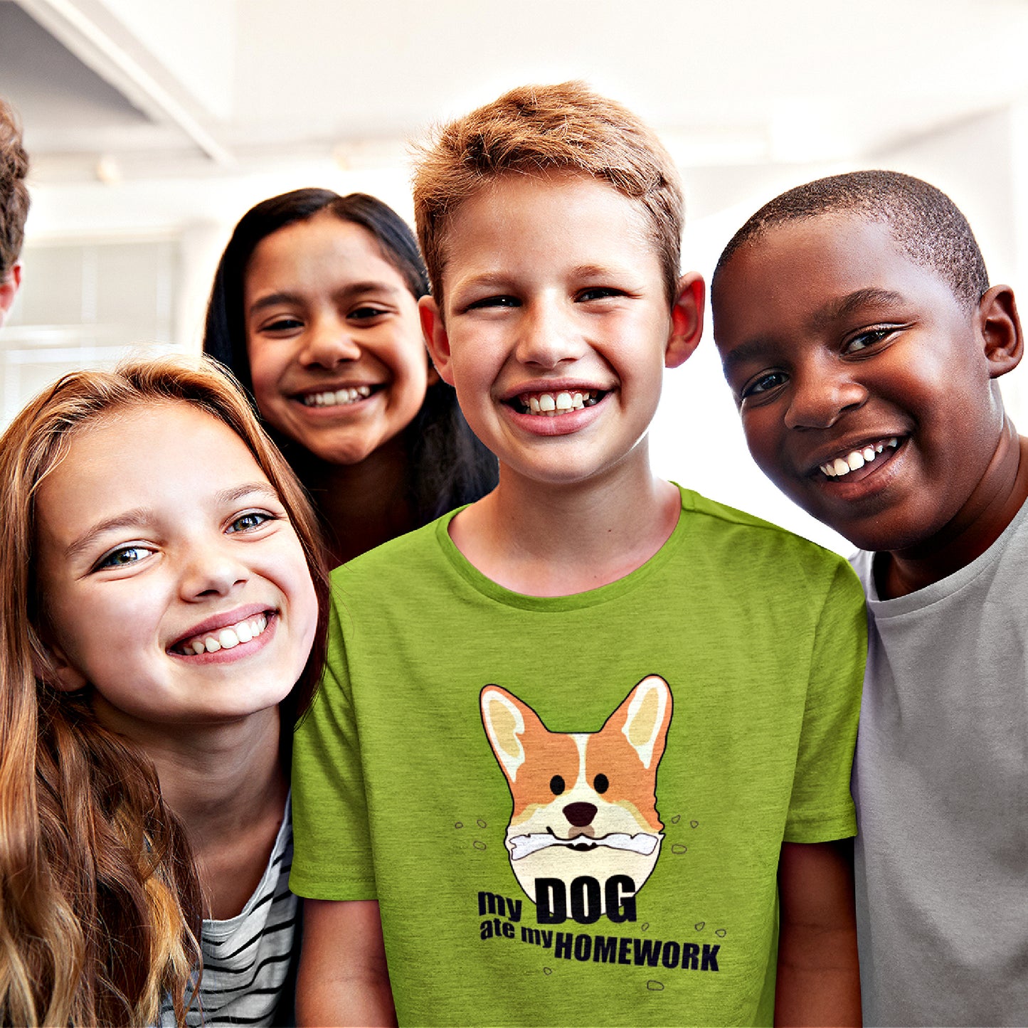 Mock up of a red-haired boy wearing our Kids' School-Themed T-shirt posing with some friends