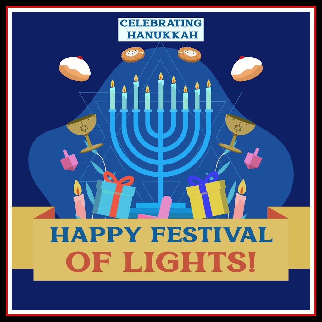 Illustration of a Hanukkah celebration with a menorah, dreidels, gifts, and candles. Text reads, "Celebrating Hanukkah" and "Happy Festival of Lights!.