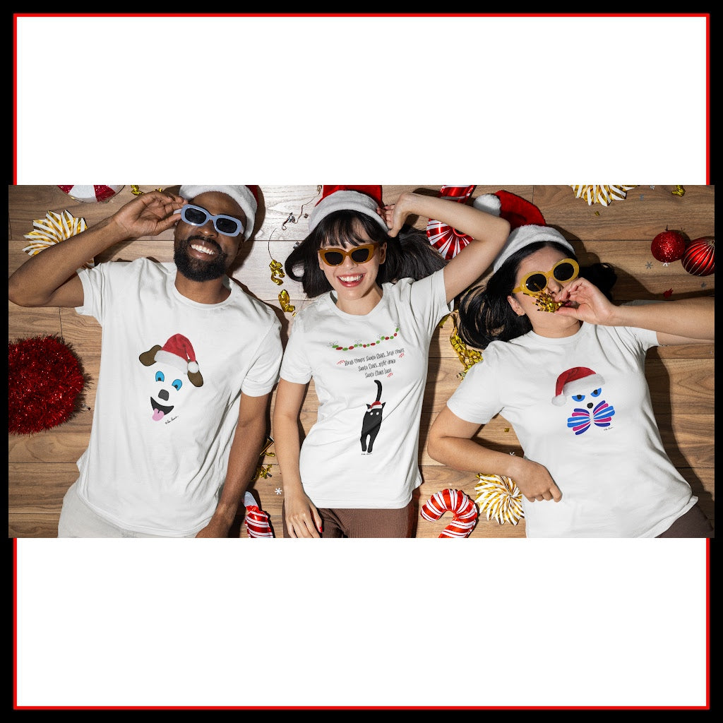 A man and 2 woman wearing white holiday-themed T-shirts