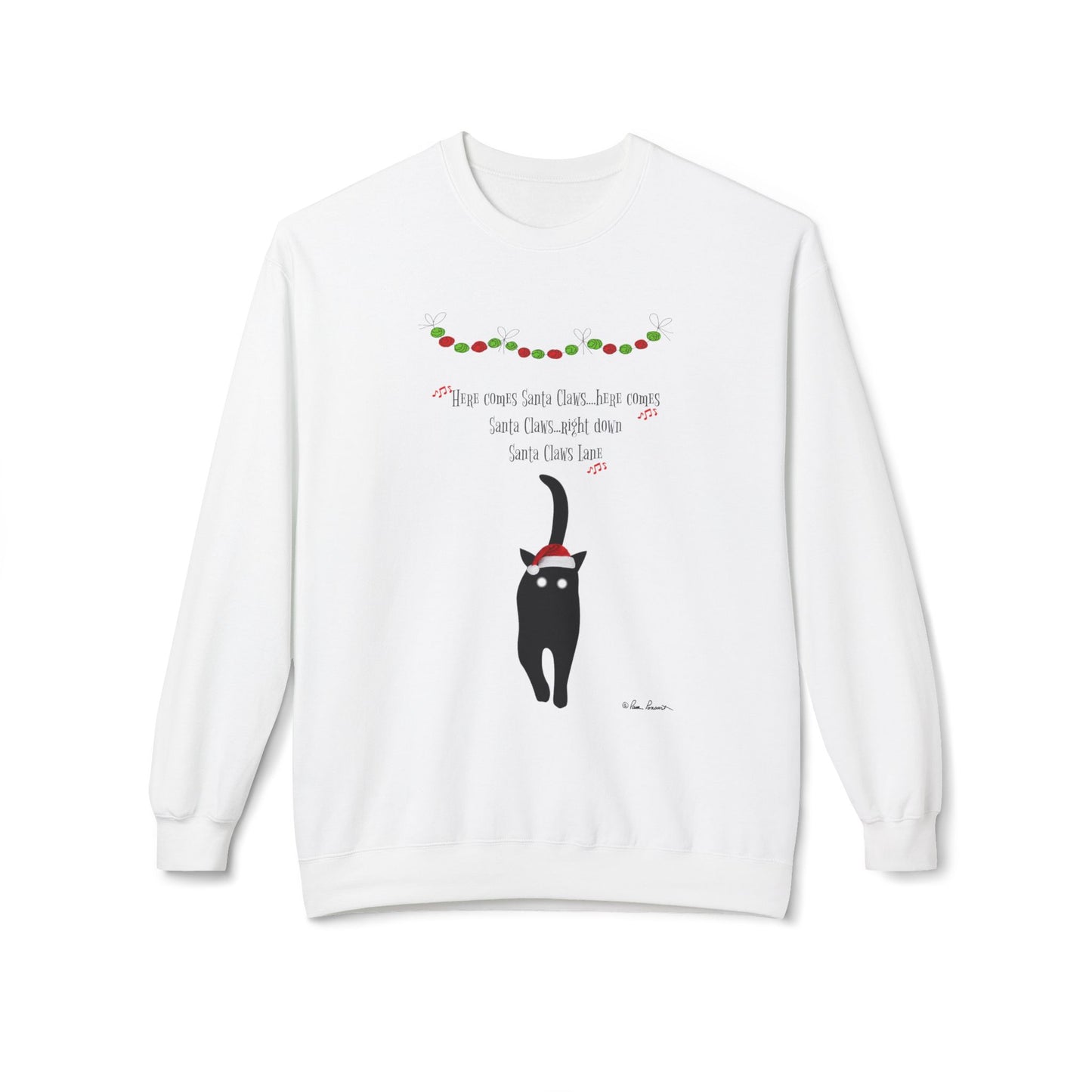 The Holiday Cat Crewneck Sweatshirt by Printify is a unisex, festive, and playful white pullover with a black cat in a red Santa hat and "Here comes Santa Claws"—the ultimate holiday season cat sweatshirt.