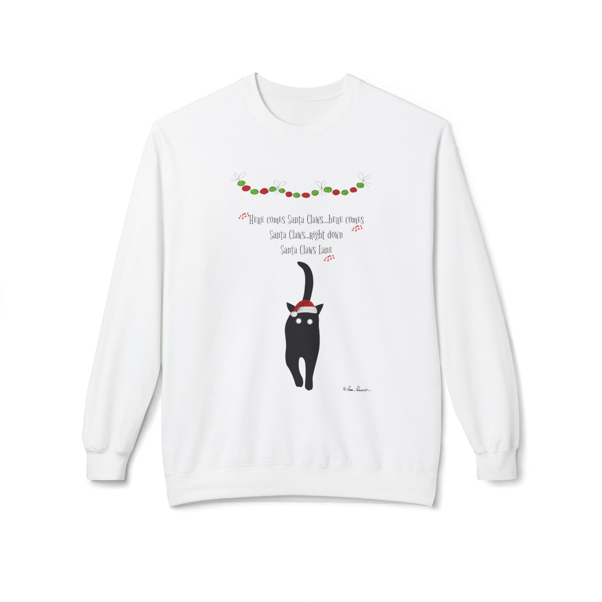 The Holiday Cat Crewneck Sweatshirt by Printify is a unisex, festive, and playful white pullover with a black cat in a red Santa hat and "Here comes Santa Claws"—the ultimate holiday season cat sweatshirt.