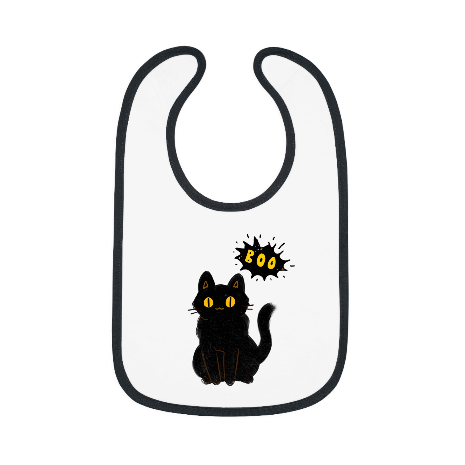 The Printify Halloween Cat Baby Bib: Cotton | Spooky Cute | Babyware features a black cat illustration with "Boo" in yellow comic text—perfect as an adorable Halloween baby gift.