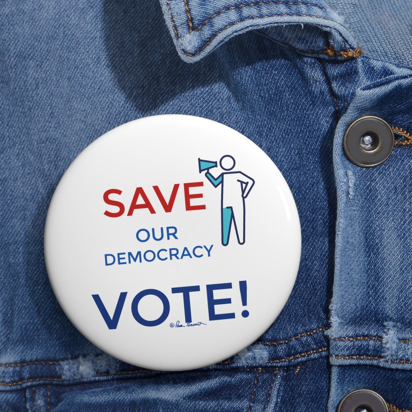 A denim jacket is adorned with a Printify "Save Democracy VOTE" Election Pin Button.