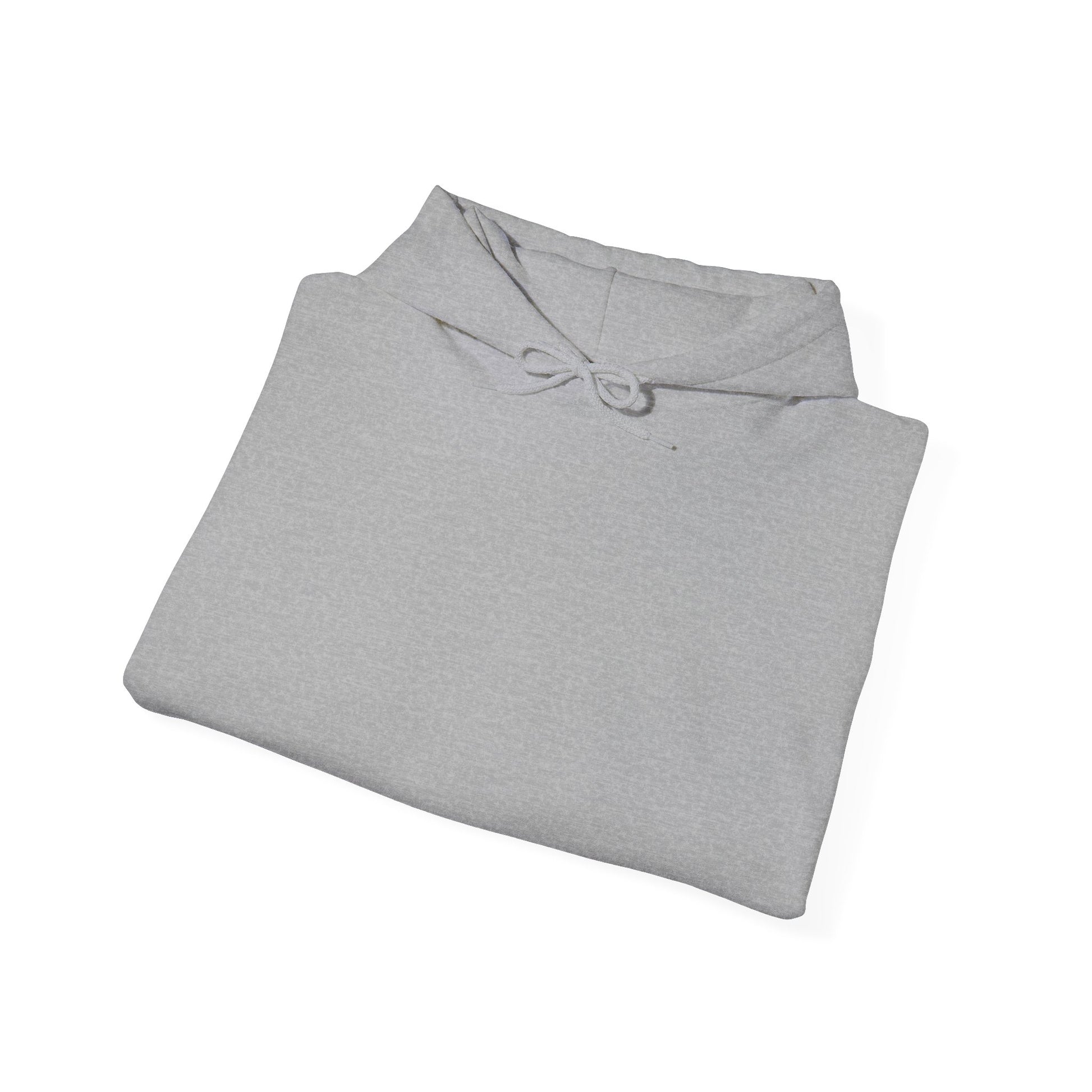 The Courage Is Contagious Hoodie by Printify, a light gray mid-weight sweatshirt with a hood and drawstring, is neatly folded and displayed against a plain white background to support mental health awareness.