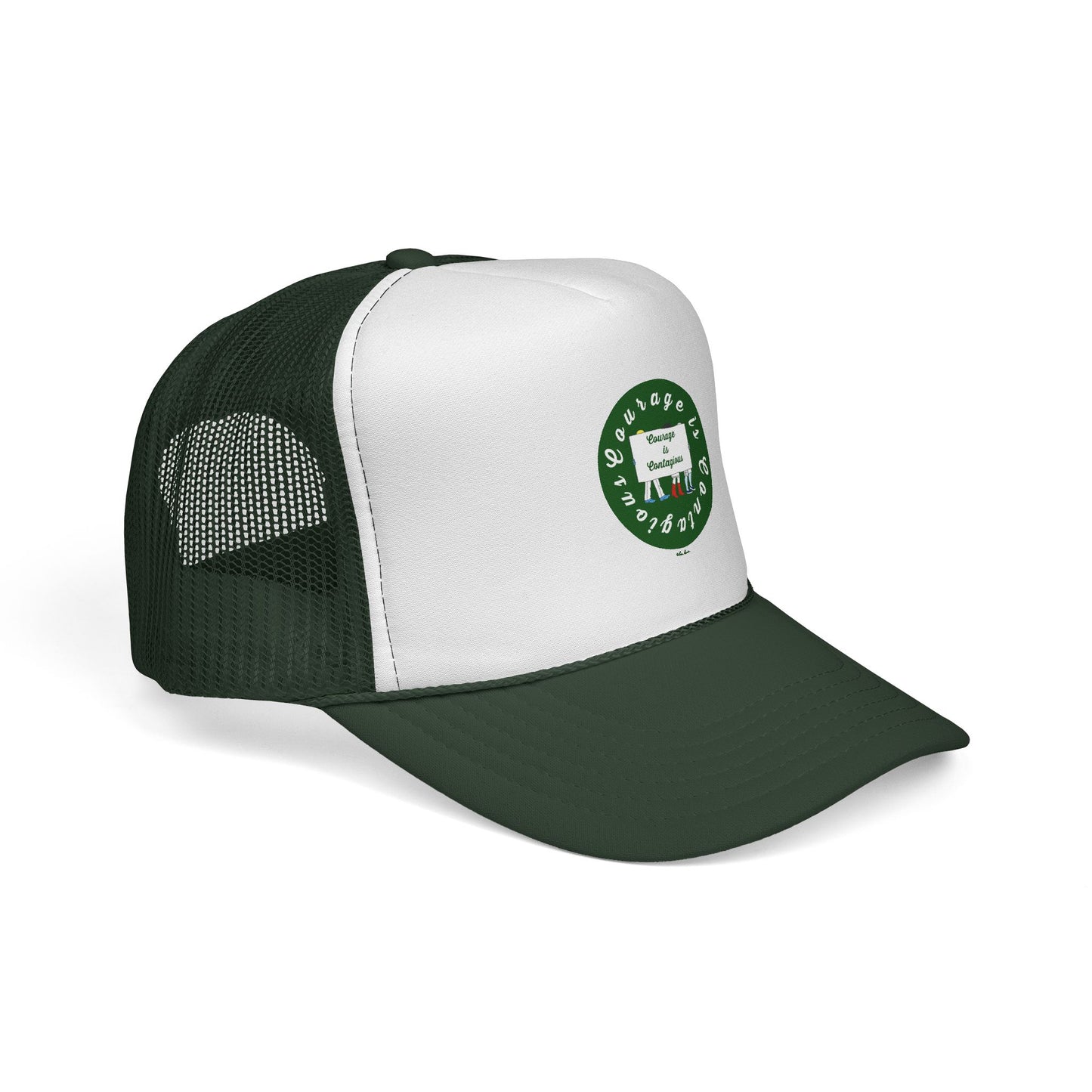 The Printify Vintage Trucker Hat: Courage is Contagious Logo features a green and white mesh cap with an adjustable snapback, plus a circular “Courage is Contagious” logo and handshake graphic at the center.