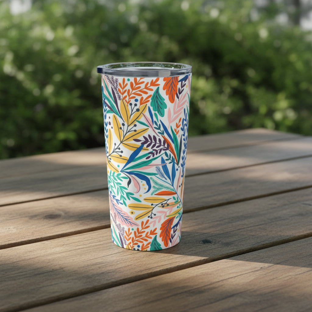 The Printify Lunch Bag Pal Tumbler: 20 oz. shines with a vibrant botanical pattern on its stylish stainless steel body, keeping drinks cool as it sits on a wooden outdoor table against lush greenery.