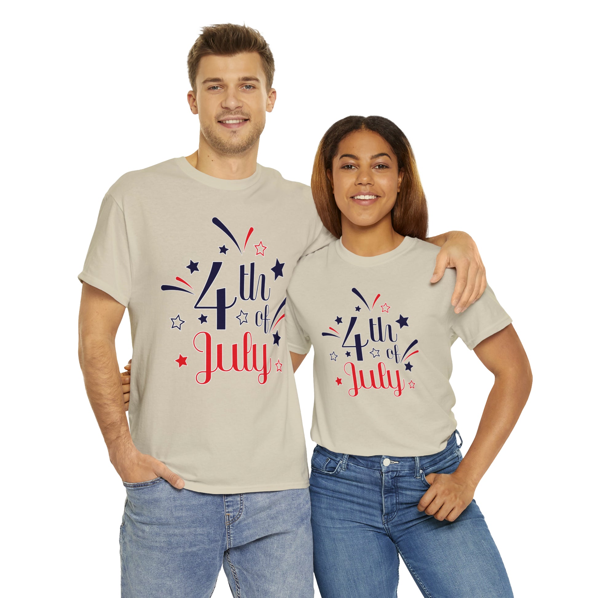Mock up of a man and a woman wearing the Sand t-shirt
